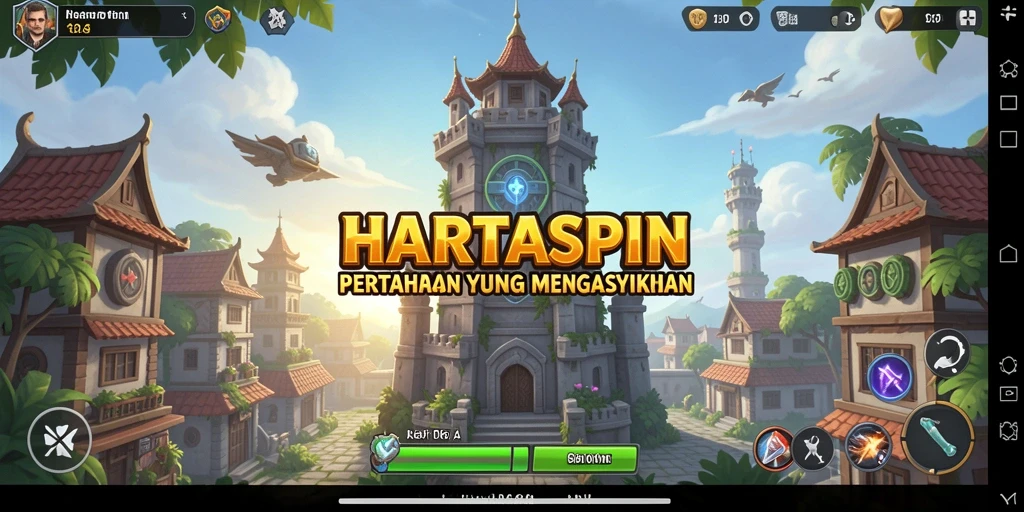 Tampilan gameplay HARTASPIN saat mempertahankan menara dari serangan musuh.