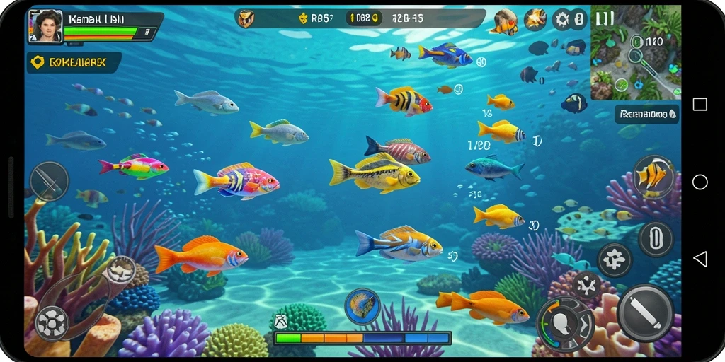 Gameplay seru Tembak Ikan di RP8 dengan berbagai ikan warna-warni.